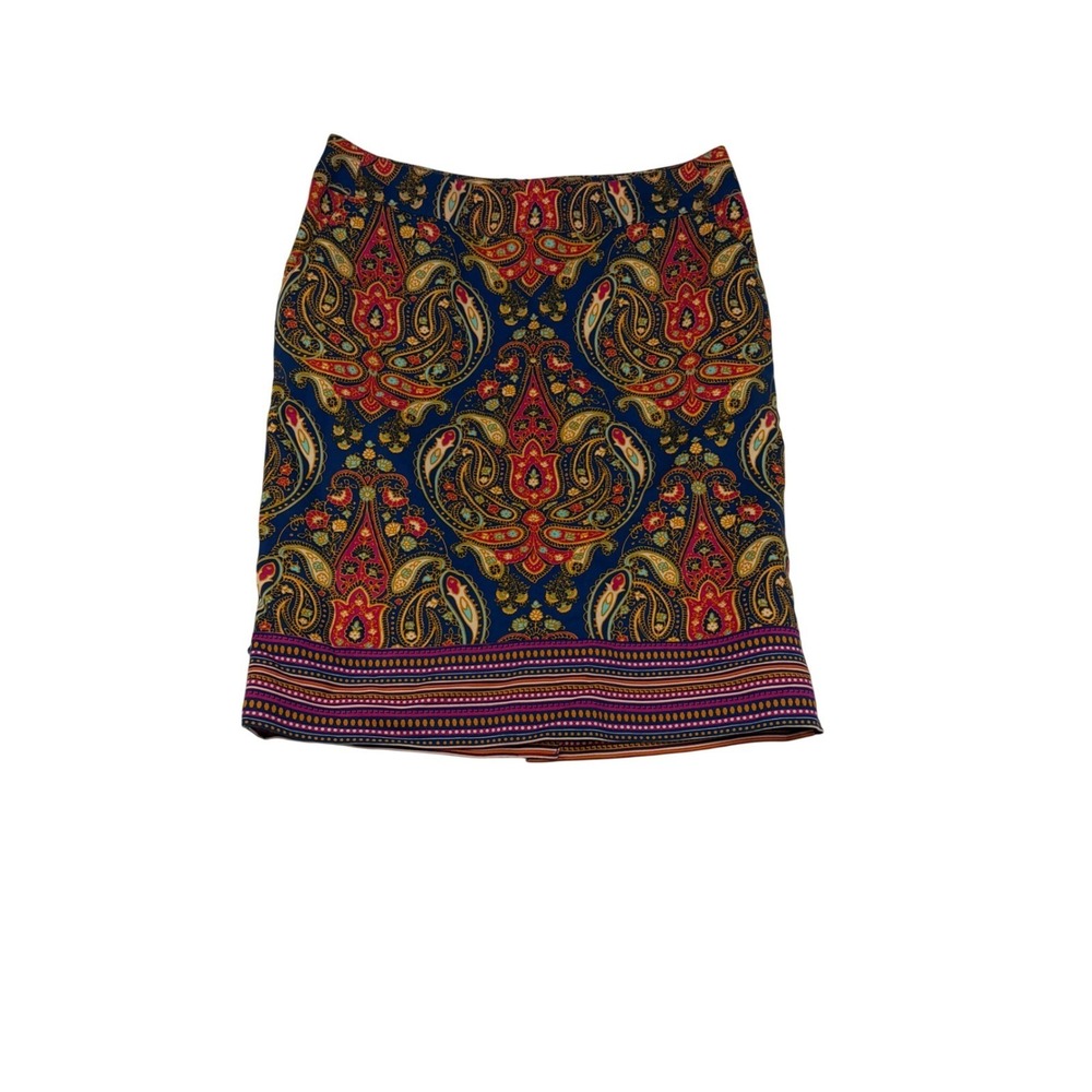 Merona Blue Paisley Cotton Stretch Pencil Skirt Size 10 Border Hem Knee Length